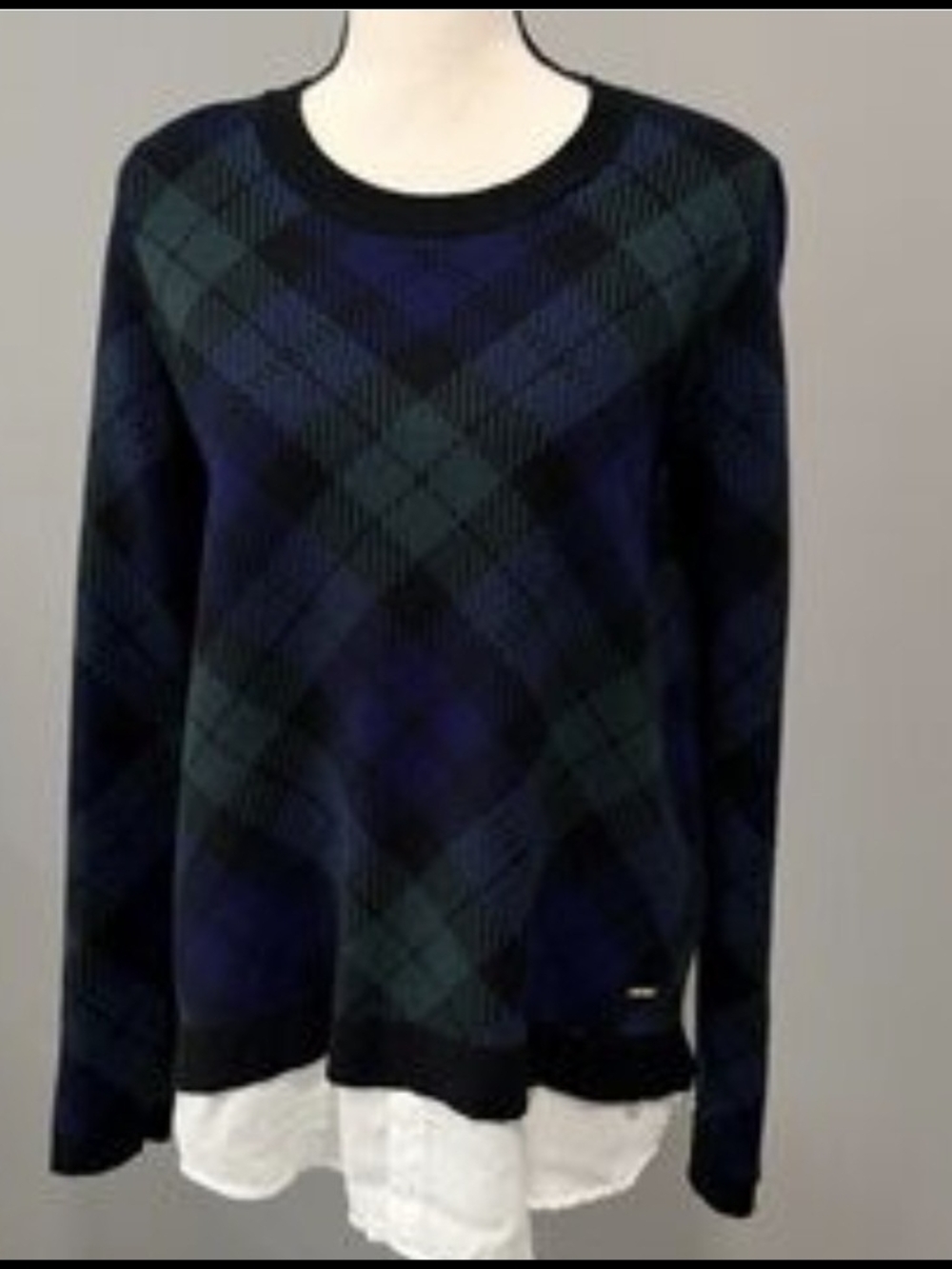 Anne Klein Navy and Green Plaid Crewneck Sweater